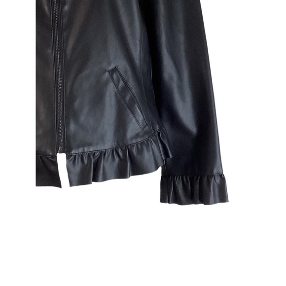 Ann Taylor Womens Faux Leather Jacket Solid Black Full Zip Mock Neck Ruffled 4 - Picture 11 of 12